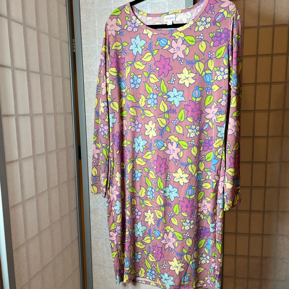 LuLaRoe Debbie long sleeved form fitting, knee length dress in pink floral